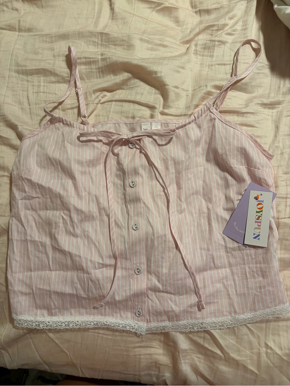 Pink Striped Lace-Trim Button Front Cami Top (sleepwear)
